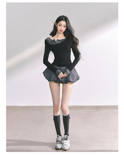 少也眼 "Seoul Toccata" Layered Off-Shoulder Long Sleeve Tee - Black-Gray 2536486