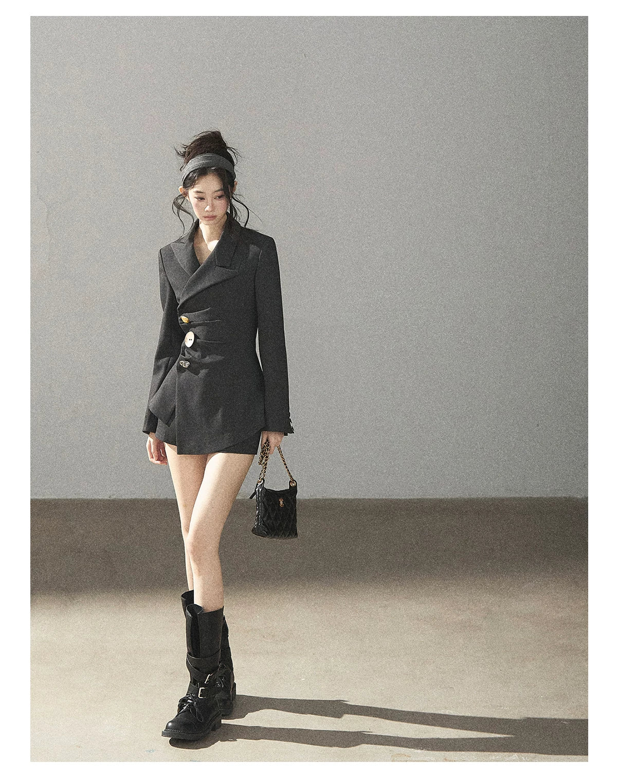 AOMALM - Deep Slate Gray Tailored Blazer & Shorts Set