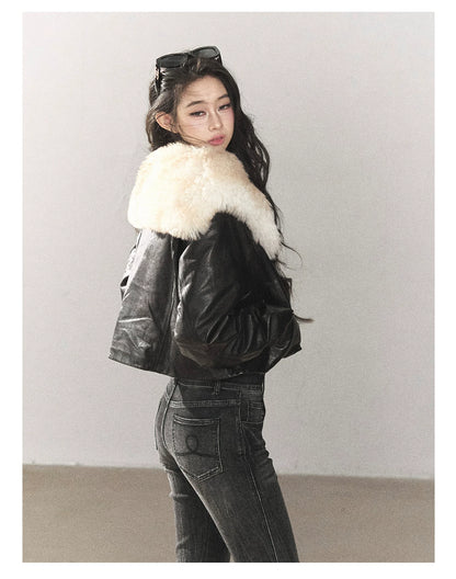 AOMALM - Black Lambskin Leather Goose Down Jacket