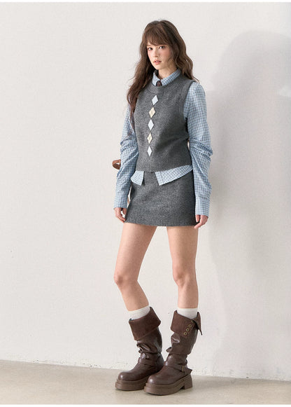 [TMMG] British Collegiate Gray Diamond Knit 3-Piece Set