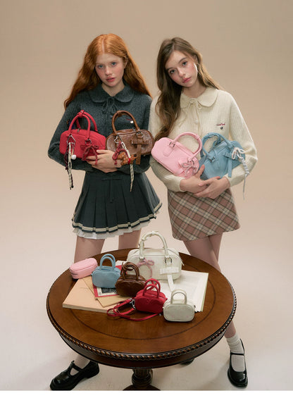 SunsetPark - Suede Bow Boston Handbag (Red / Brown / Floral / Blue / Pink)