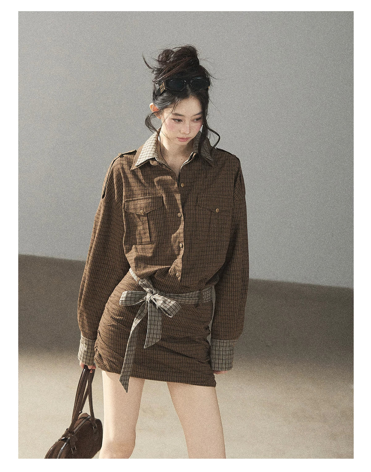 AOMALM - "A Promise Beneath the Oak" Crabapple Brown Plaid Shirt Dress with Belt