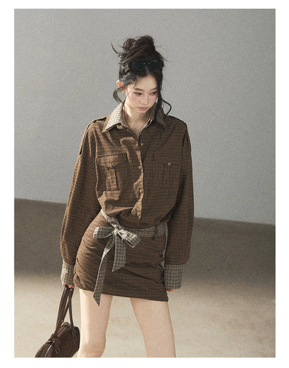AOMALM - "A Promise Beneath the Oak" Crabapple Brown Plaid Shirt Dress with Belt