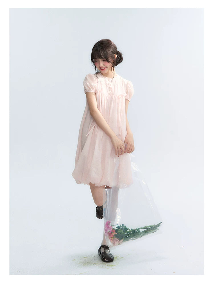 "Little Princess" Strawberry Pink Lace Bow Bubble Hem Midi Dress
