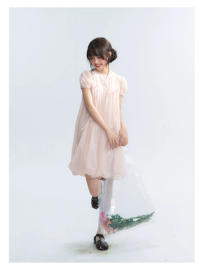 "Little Princess" Strawberry Pink Lace Bow Bubble Hem Midi Dress