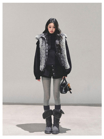 少也眼 "Endless Freedom" Detachable Faux Fur Layered Black Jacket