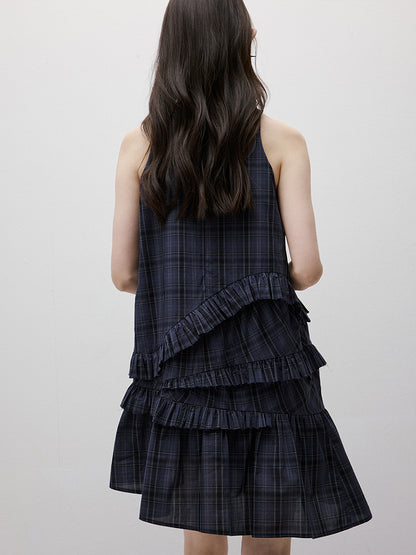 FUSSED Asymmetric Ruffle Plaid Dress – Midnight Blue FOF-25SS026
