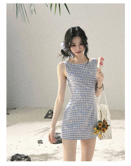 "Sea Breeze Reverie" Sky Blue Embroidered Plaid Mini Dress (With Matching Scrunchie)