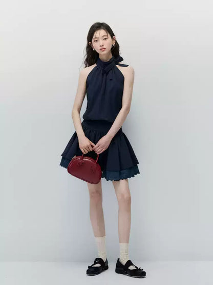 Navy Blue Bow-Tie Halter Dress with Double-Layer Lace Hem