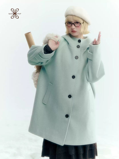 Pale Aqua Green Hooded Cocoon Wool-Blend Coat