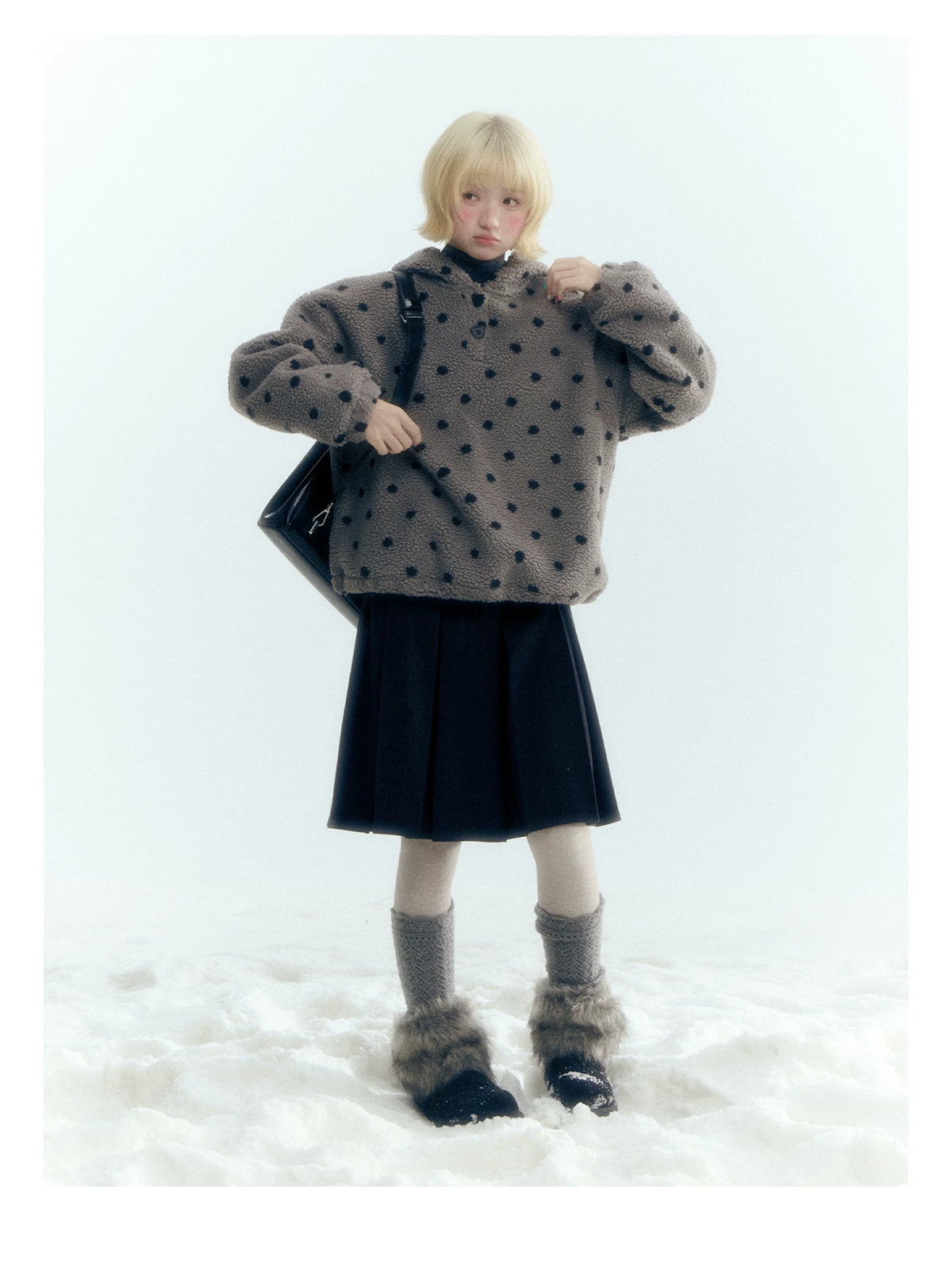 Horridale - Dark Gray Polka Dot Mock Neck Layering Top with Ruffle Hem