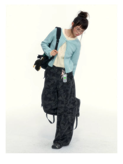 Korean Contrast Bow-Tie Layered Knit Cardigan (Blue / Purple)