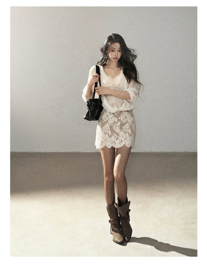 AOMALM - Cream Lace Mini Dress with Scalloped V-Neck (With Inner Bra)