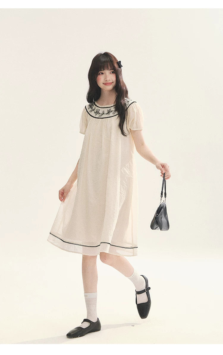 "Midnight Princess" Yellow Flower Rope Embroidered Babydoll Midi Dress
