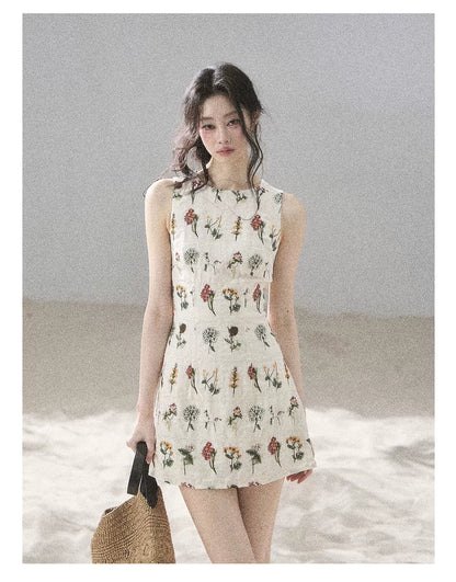 "Wildflower Daydream" Dutch Cream Embroidered Mini Dress - Sleeveless 45684