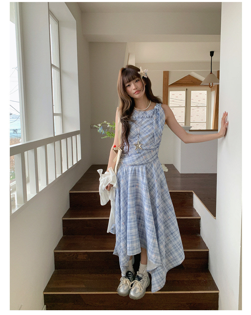 “Blue Meadow Reverie” Blue Plaid Floral Maxi Dress