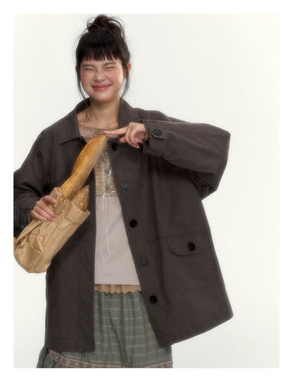 Dark Coffee Brown Washed Cotton Utility Jacket