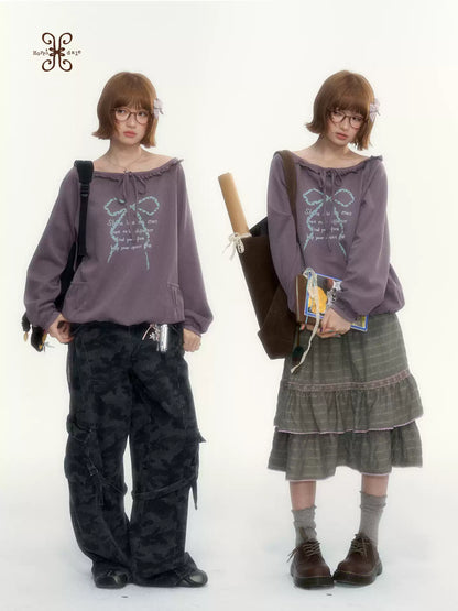 Deep Purple Bow-Tie Lettuce-Trim Off-Shoulder Sweatshirt