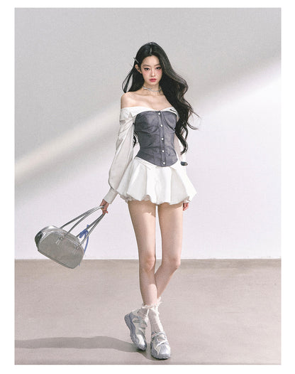 少也眼 "London Crush" Off-Shoulder Dual-Layer Long-Sleeve Spicy Girl Tee - Gray White