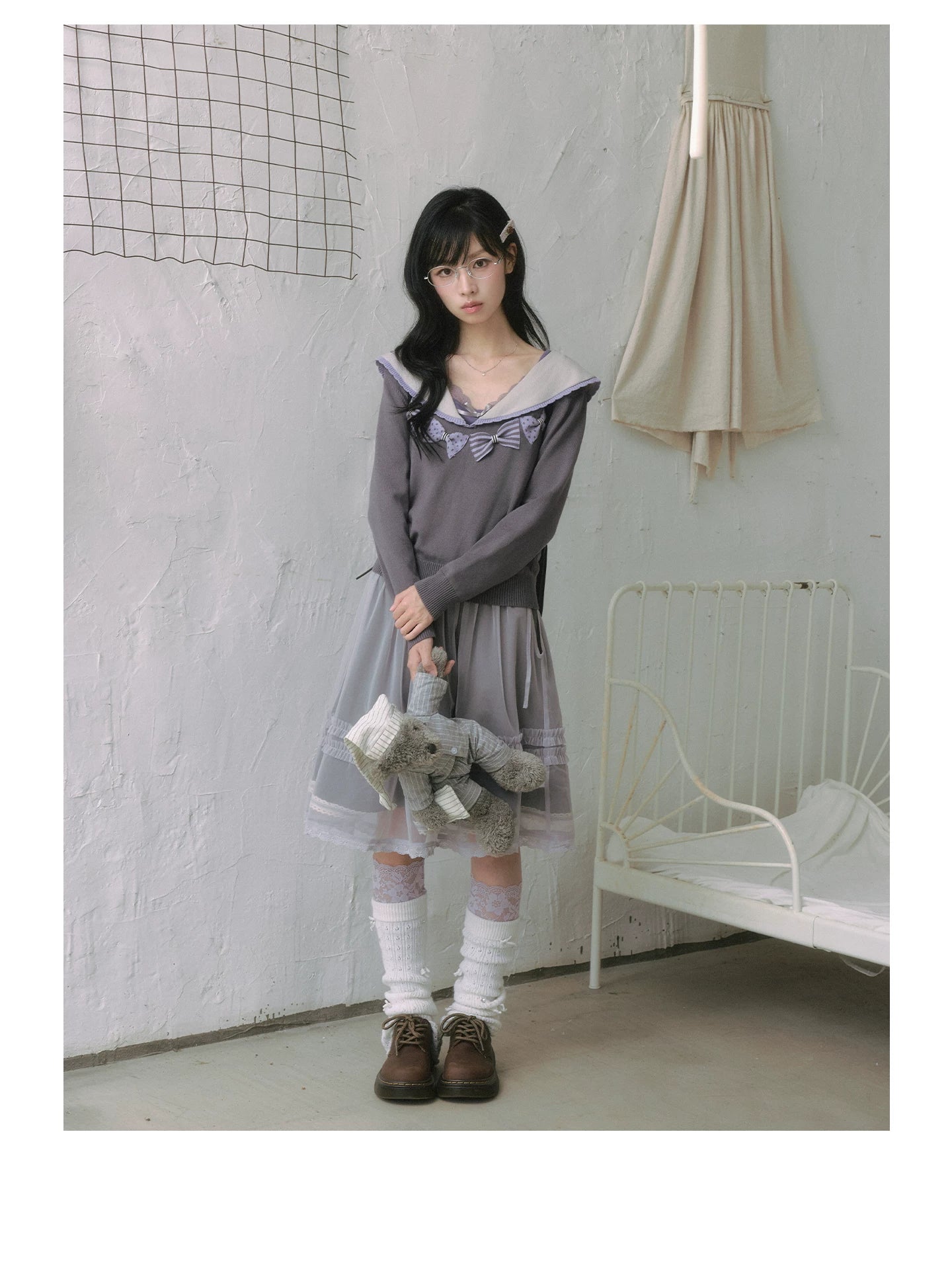 "Sage Whisper" Ethereal Layered Collection (Sailor Knit Sweater / Pleated Midi Skirt / Mesh Overlay Skirt)