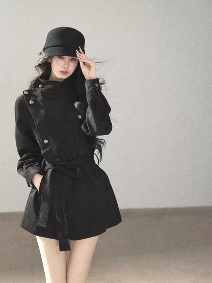 AOMALM - Black Faux-Suede Cropped A-Line Trench Coat with Belt