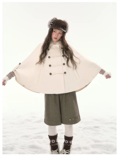 CANSTORE - "Pine Reverie" Ivory Wool-Blend Cape Coat with Faux Fur Collar