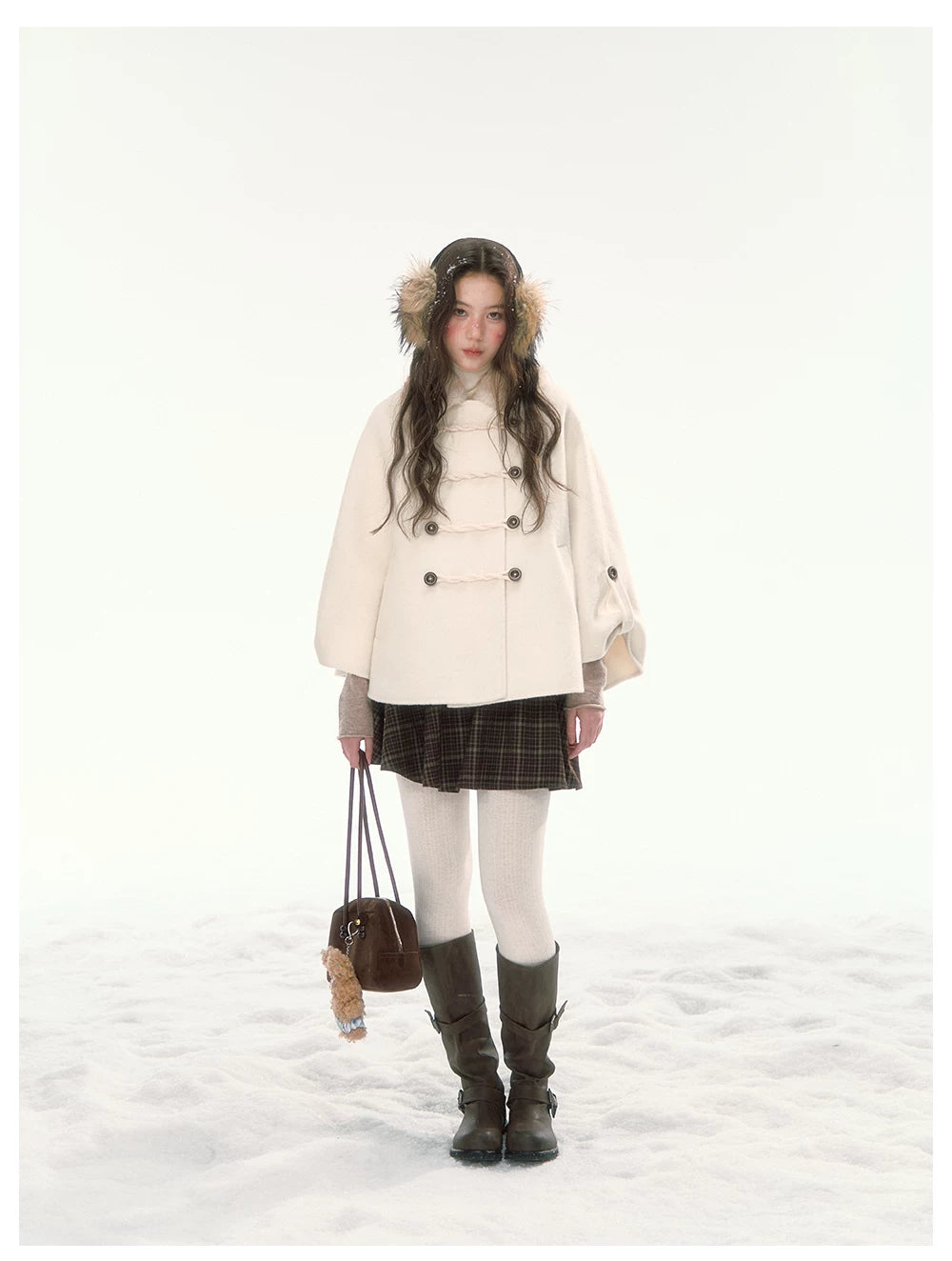 CANSTORE - "Pine Reverie" Ivory Wool-Blend Cape Coat with Faux Fur Collar