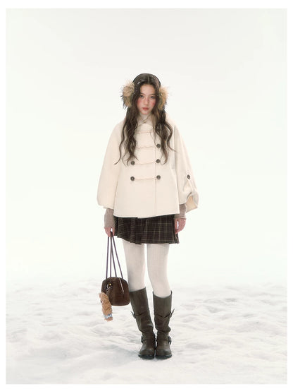 CANSTORE - "Pine Reverie" Ivory Wool-Blend Cape Coat with Faux Fur Collar