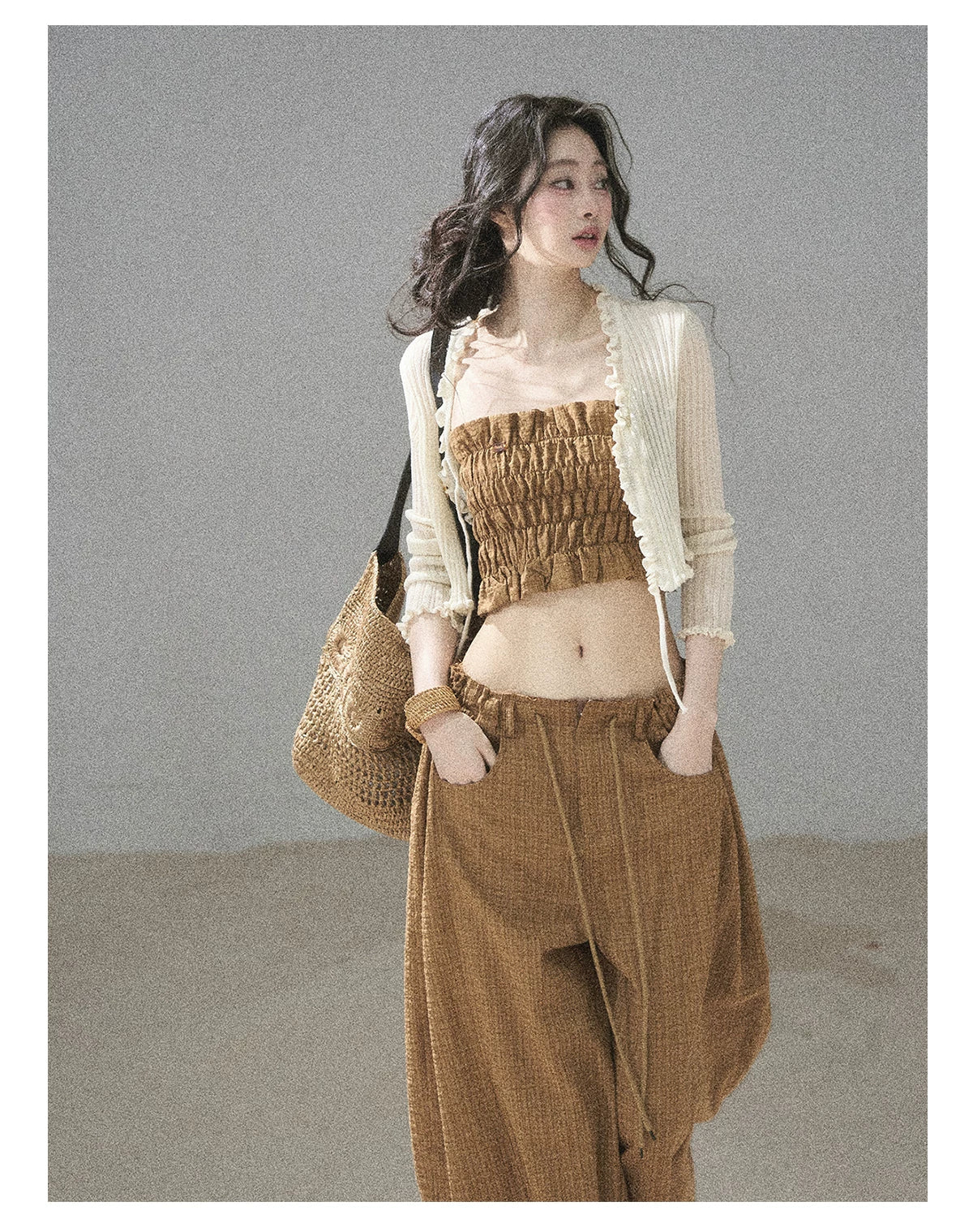 "Caramel Dusk" Ash Caramel Shirred Bandeau Top & Relaxed Pants Set