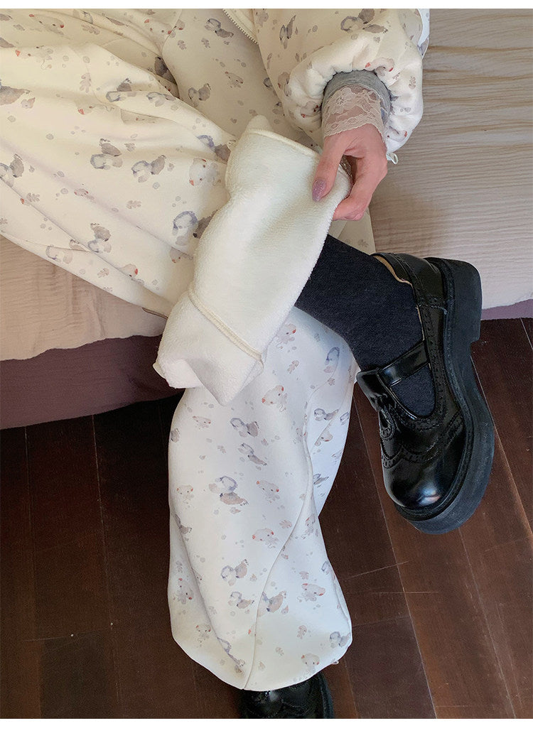 阮阮自制 - Honey Bear Ivory Plush Padded Jacket & Fleece Pants Set