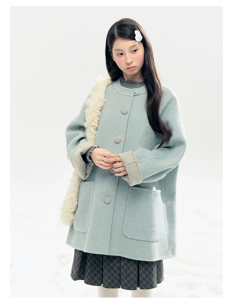 "Double Winter Embrace" Blue & Gray Reversible Wool-Blend Cape Coat