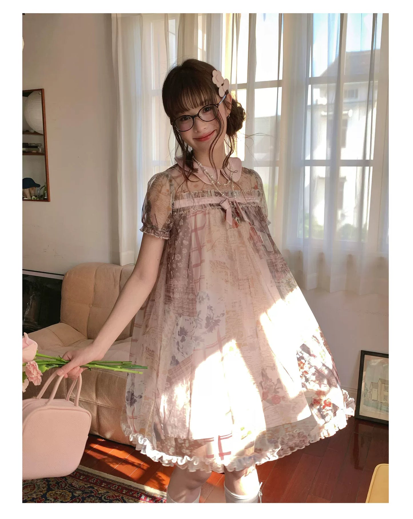 [RF] “Vintage Storybook” Light Brown Tea Patchwork Print Mini Dress