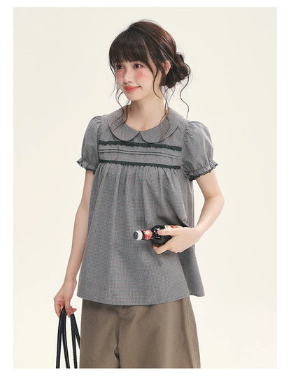 "Sweet Silhouette" Plaid Lace Trim Puff Sleeve Peter Pan Collar Blouse (Red Blue / Red White)