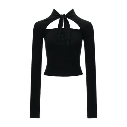 Lace-Up Cutout Waist-Sculpt Long Sleeve Top (Black/ White)