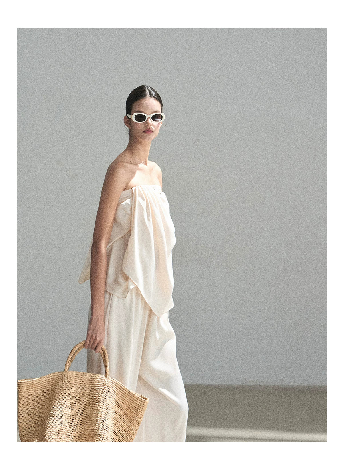 "Summer Rain at Dusk" Cream Beige Satin Two-Piece Set