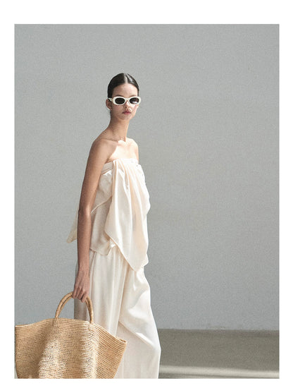 "Summer Rain at Dusk" Cream Beige Satin Two-Piece Set