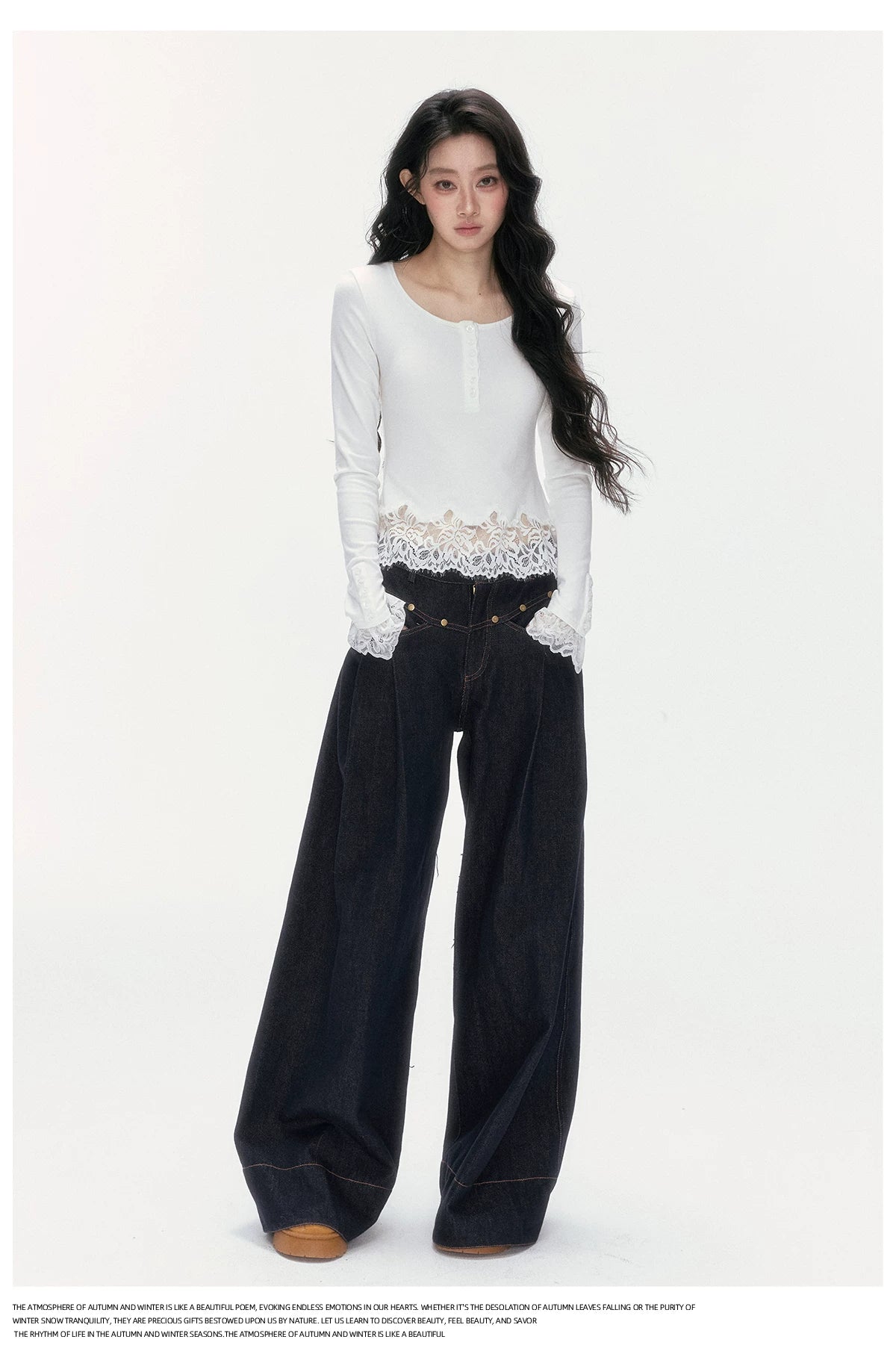 24olvides - Fitted Henley Top with Asymmetric Lace Trim (White / Brown)