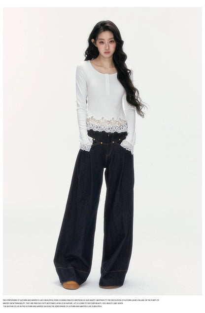 24olvides - Fitted Henley Top with Asymmetric Lace Trim (White / Brown)