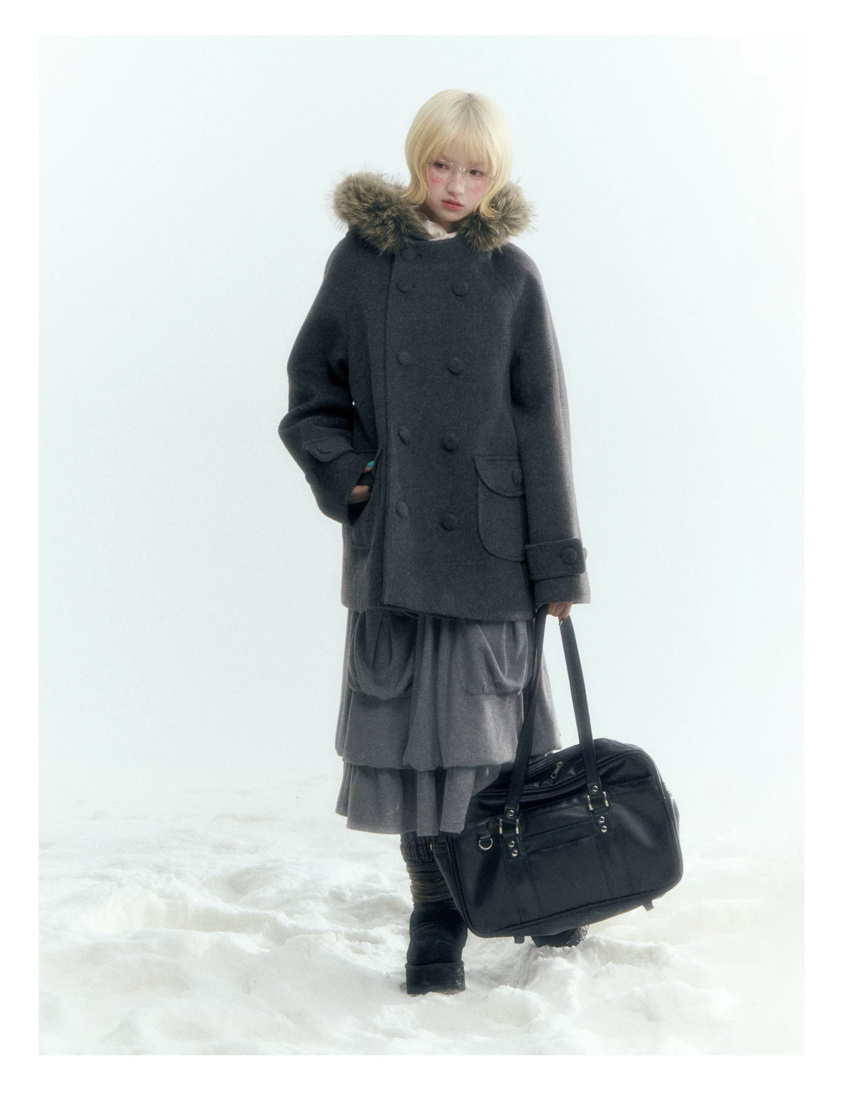 Japanese Hooded Double-Breasted Wool Coat (Deep Charcoal Gray / Taro Purple)
