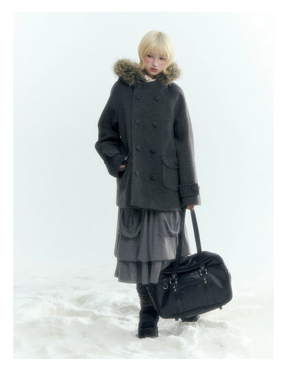 Japanese Hooded Double-Breasted Wool Coat (Deep Charcoal Gray / Taro Purple)