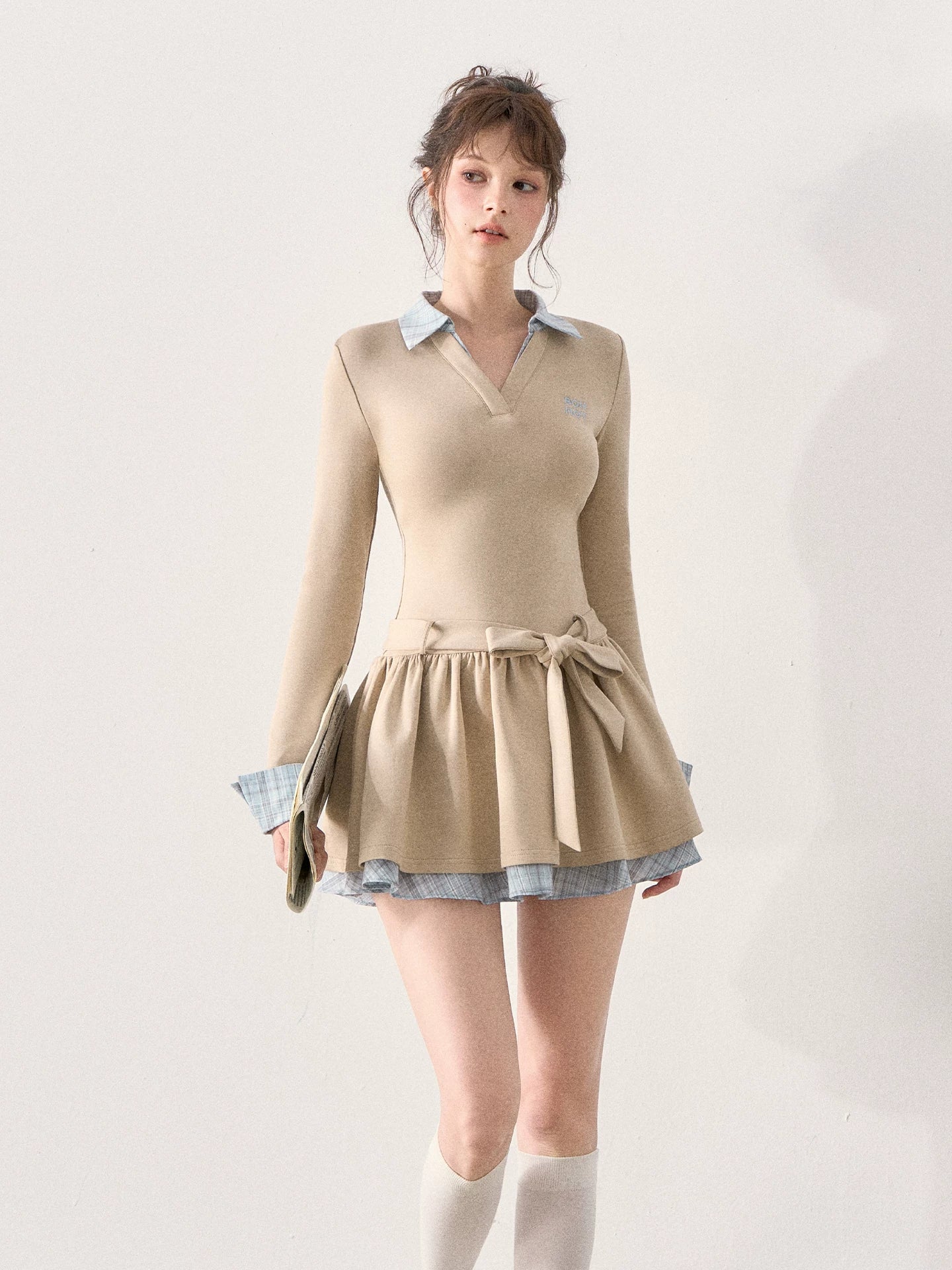 [TMMG] Miu-Inspired Preppy Knit Dress with Plaid Layered Detail & Bow Waist Belt