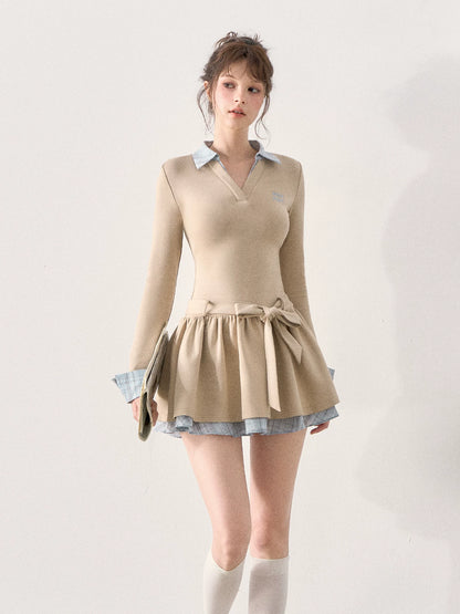 [TMMG] Miu-Inspired Preppy Knit Dress with Plaid Layered Detail & Bow Waist Belt