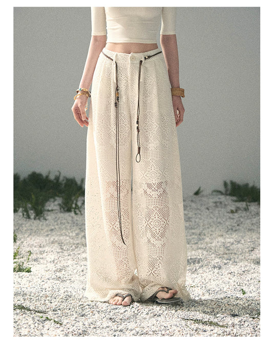 “Wandering Here” Milk Apricot Openwork Wide-Leg Pants