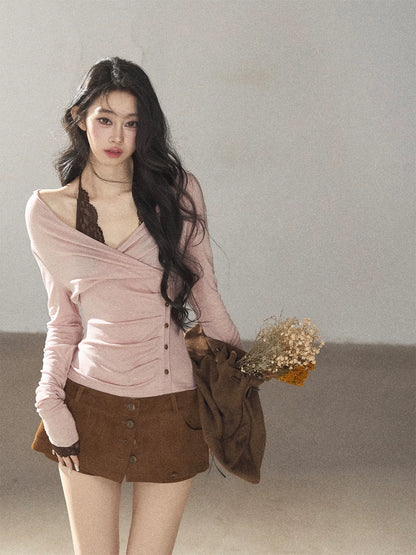 AOMALM - "Rose Garden Daydream" Misty Pink Korean Layered Lace Long-Sleeve Halter Top