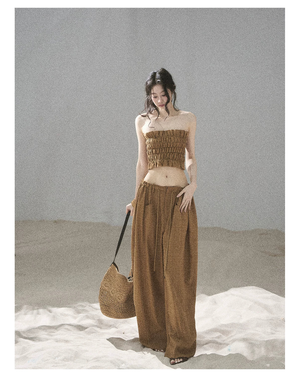 "Caramel Dusk" Ash Caramel Shirred Bandeau Top & Relaxed Pants Set
