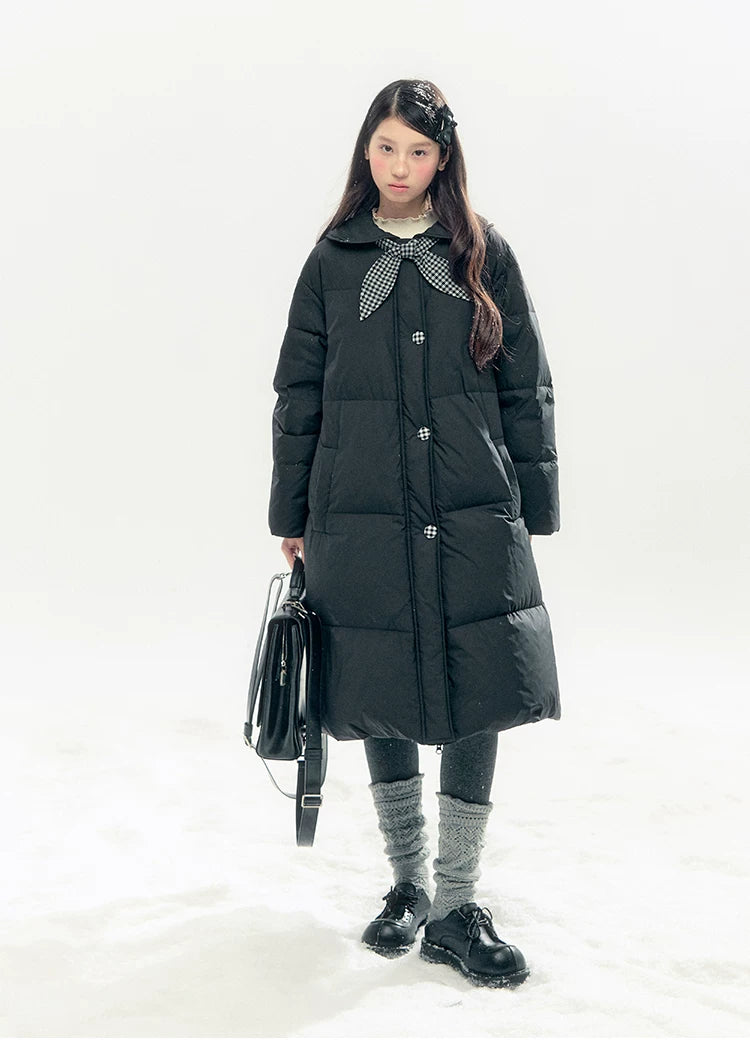 "Starry Night Little Witch" Black Long Down Coat with Detachable Bunny Bow Collar