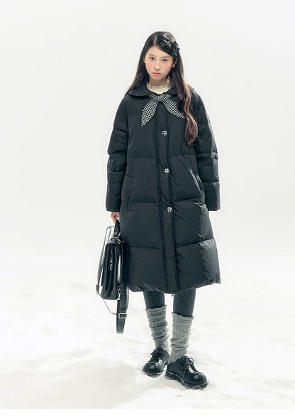 "Starry Night Little Witch" Black Long Down Coat with Detachable Bunny Bow Collar