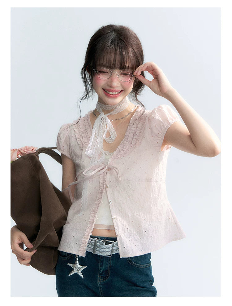 "Blush Sweetheart" Embroidered Puff Sleeve Blouse