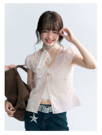 "Blush Sweetheart" Embroidered Puff Sleeve Blouse
