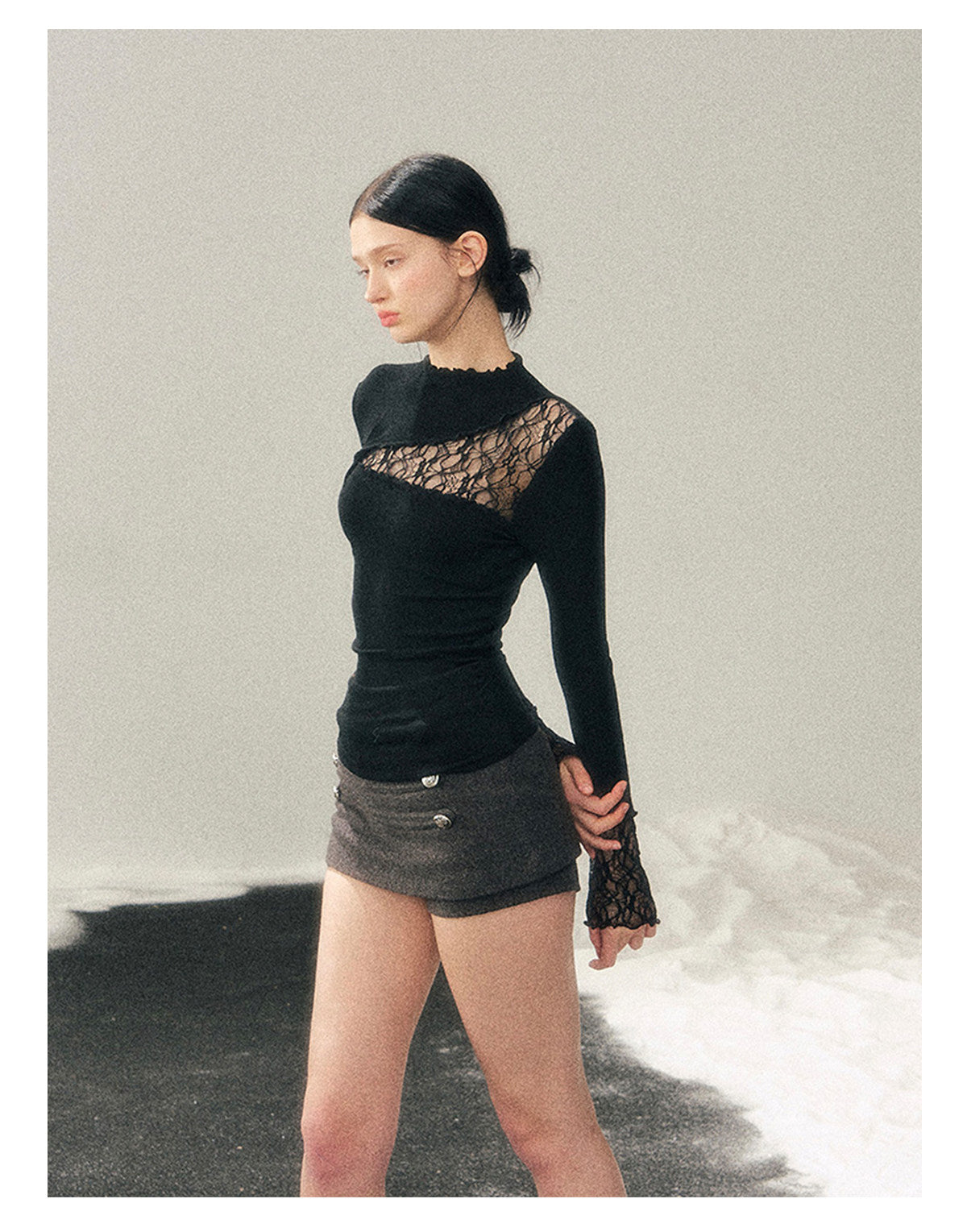 少也眼 “Interplay of Illusion” Semi-High Neck Lace Cutout Top - Black